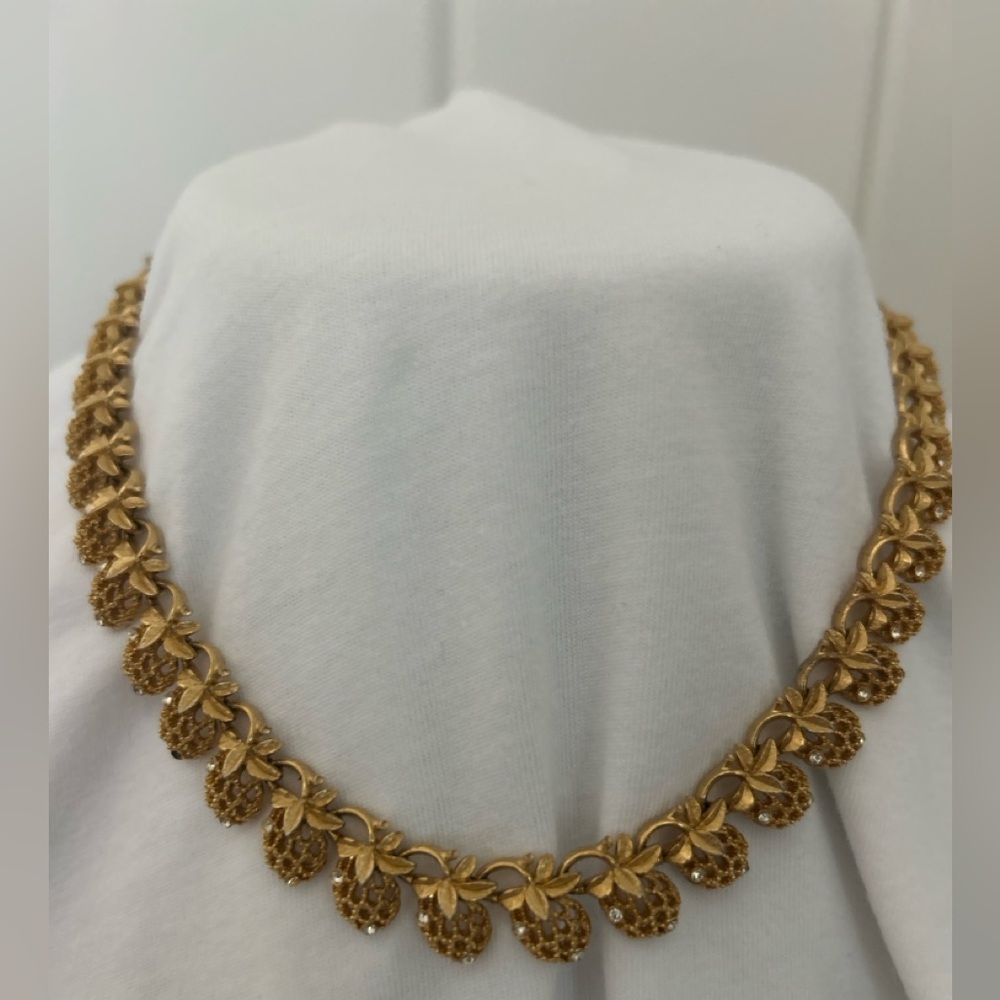 Vintage choker necklace gold strawberry rhinestone linked berry charms MCM 50s
